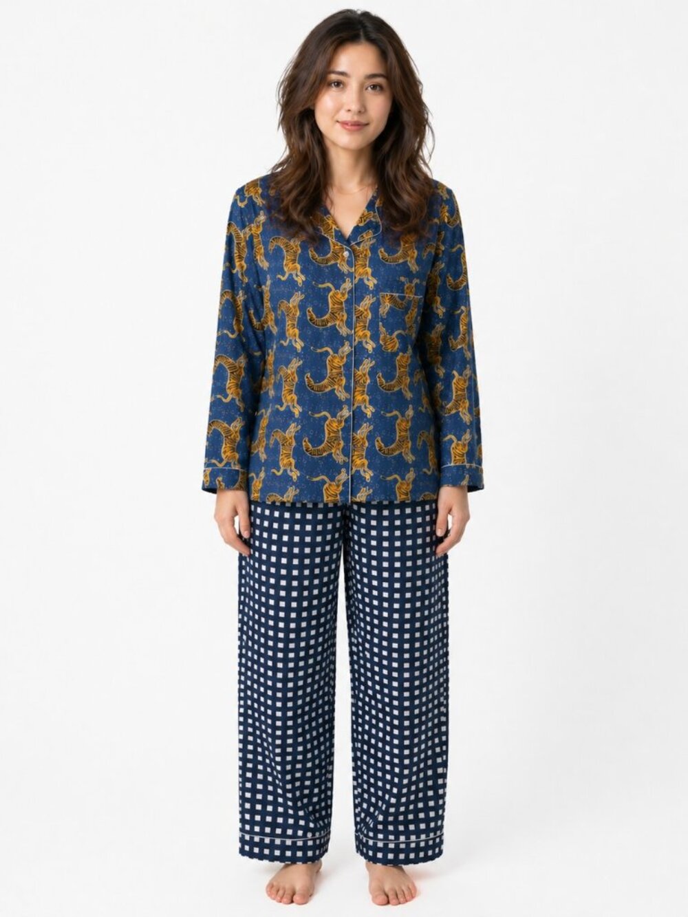 Yaza Ziger Blue Long Pajama Set with Travel Pouch
